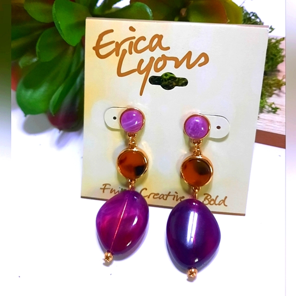 Gemstone Multi Tier Drop Earrings Purple Brown By Erica Lyons NEW